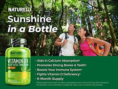 NATURELO Vitamin D - 5000 IU - Plant Based - from Lichen - Best Natural D3 Supplement for Immune System, Bone Support, Joint Health - Whole Food - Vegan - Non-GMO - Gluten Free - 180 Capsules