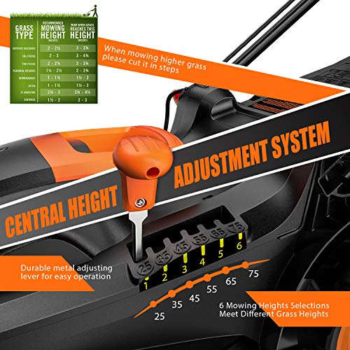 TACKLIFE Electric Lawn Mower, 14-Inch / 10-Amp Lawn Mower, 6 Adjustable Mowing Heights, 3 Operation Heights, Foldable Handlebars, Easy Control, 10.5Gal Grass Box – KALM12A