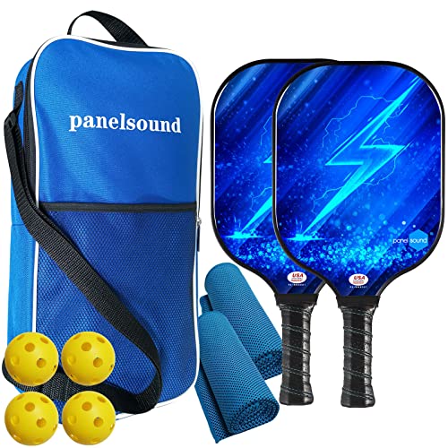 Panel Sound USAPA Approved Pickleball Paddle Lightweight Pickleball Paddles Set of 2, Fiberglass Pickleball Rackets Set, 1 Carrying Case, Carabiner Clips & 4 Indoor Balls