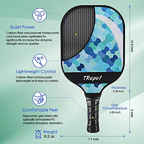 Trepot Pickleball Paddles Set of 2,Graphite Surface Honeycomb Core Polypropylene Lightweight Pickleballs Racket,Includes 4 Pickleball Balls & 2 Protective Cases & 2 Overgrip Rolls (Blue)