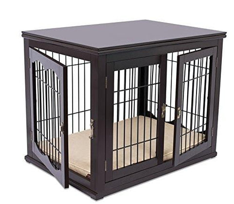 Internet's Best Decorative Dog Kennel with Pet Bed | Double Door | Wooden Wire Dog House | Large Indoor Pet Crate Side Table | Espresso