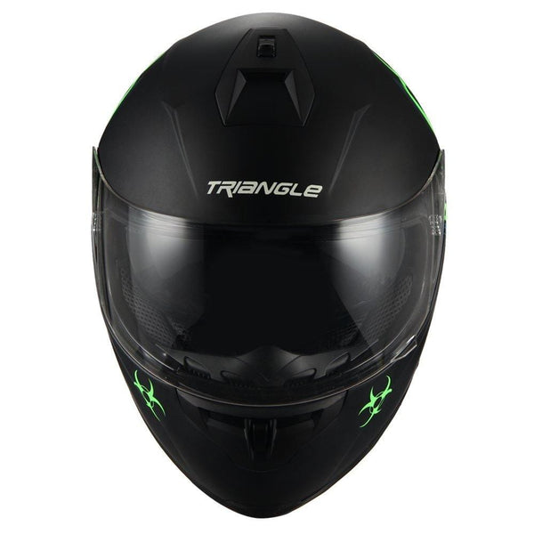 "Biohazard" Full Face Matte Green Dual Visor Street Bike Motorcycle Helmet by Triangle [DOT] (Medium)