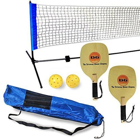 Driveway Games Portable Outdoor Pickleball Set. 2 Wood Racket Paddles, 2 Pickelballs, Bag and Net System Equipment