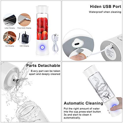 Portable Blender, Personal Blender for Shakes and Smoothies, 6 Stainless Steel Blades Cordless USB Rechargeable Juicer Cup with 4000mAh Batteries, Handheld 16oz Mini Travel Blender Small Fruit Mixer Detachable for Home Office Gym Outdoor, White