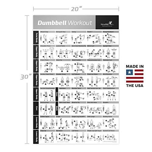 NewMe Fitness Dumbbell Workout Exercise Poster - Now Laminated - Strength Training Chart - Build Muscle, Tone & Tighten - Home Gym Weight Lifting Routine - Body Building Guide w/Free Weights