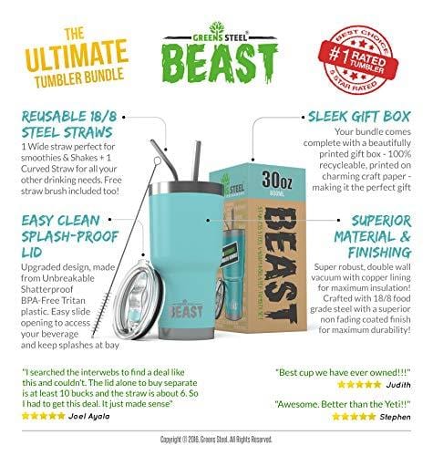 BEAST 30 oz Teal Tumbler Stainless Steel Insulated Coffee Cup with Lid, 2 Straws, Brush & Gift Box by Greens Steel (30oz, Aquamarine Blue)