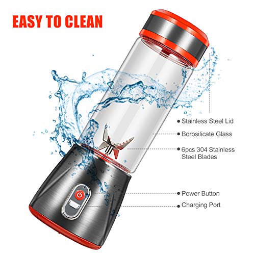 CHWARES Portable Blender Glass,  Personal Size Blender Shakes and Smoothies Mini Jucier Cup USB Rechargeable, Fruit Juice, Milk Shakes, 12.8 oz, Six 3D Fans Blender Travel, Home, Picnic, Baby Food