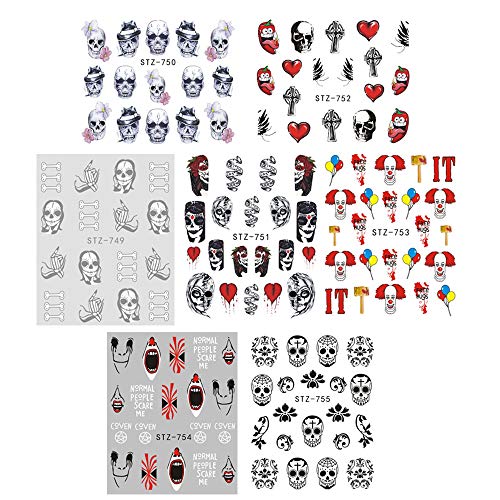 Halloween Nail Stickers Day of the Dead Nail Art Accessories Decals 25 Sheets Ghost Skull Eye Clown Hulk Water Transfer Nail Art Stickers for Halloween Party Supply Fingernails Toenails Decorations