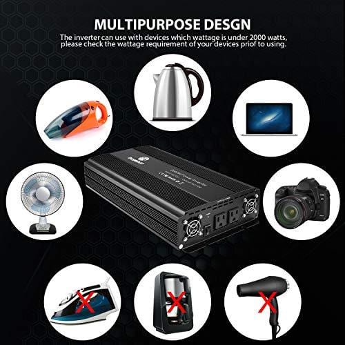 Buywhat 2000W Power Inverter 12V DC to 110V AC Car Converter 2 AC Outlets for Home RV (2000W-Black)