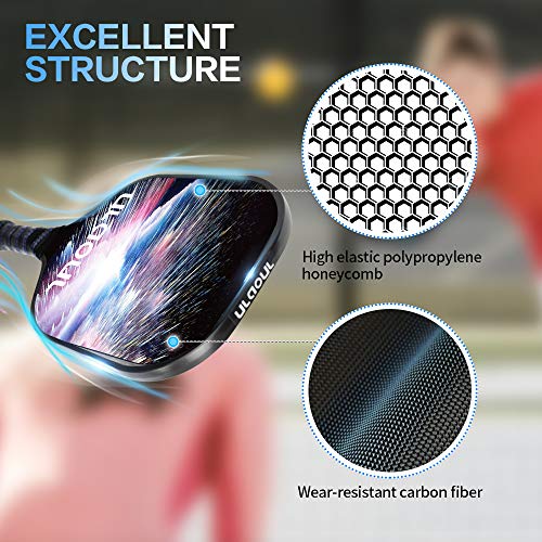 ULAOUL Pickleball Paddles Set of 2 Lightweight Pickleball Rackets Carbon Fiber Surface Polypropylene Honeycomb Core, 4 Pickleball Balls 2 Additional Cushion Grip Strips & 1 Portable Racquet Bag.