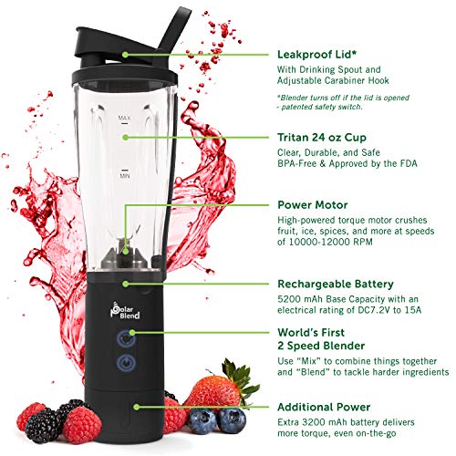 Polar Blend Portable and Cordless Blender - USB Rechargeable with Leak-Proof Lid Ideal for Shakes and Smoothies - Convenient for Travel, Office, and Gym Use (24 oz.)