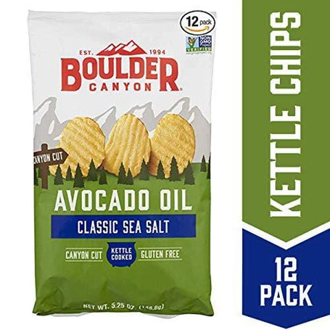 Boulder Canyon Avocado Oil Kettle Cooked Potato Chips, Sea Salt, Wavy Cut, 5.25 oz. Bag, 12 Count - Crunchy Chips Cooked in 100% Avocado Oil, Perfect for Dipping, Great for Lunches or Snacks