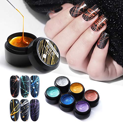 ღYemenger 6 Colors Nail Spider Gel Set, Matrix Gel Paint Design Nail Wire Drawing Nail Gel for Line, Lasting Effect