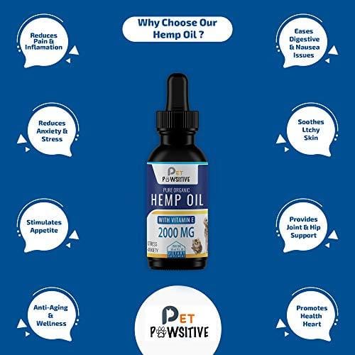 Pet Pawsitive - Hemp Oil Dogs Cats - 2000mg - Separation Anxiety, Joint Pain, Stress Relief, Arthritis, Seizures, Chronic Pains, Anti-Inflammatory - Omega 3, 6, & 9- 100% Organic - Calming Drops