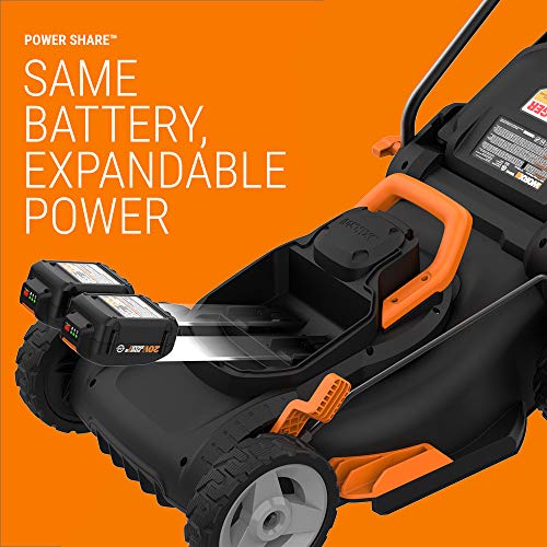 Worx WG743 40V PowerShare 4.0Ah 17" Lawn Mower w/ Mulching & Intellicut (2x20V Batteries),Black and Orange