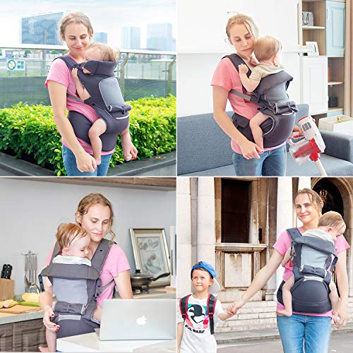 Infant Baby Wrap Carrier with Stool - All Positions Baby Carrier, Baby Hip Seat Ergonomic Carrier, Newborn to Toddlers Carrier with Soft Breathable Air Mesh, All Adjustable Buckles (Dark Grey, 1 Pack)
