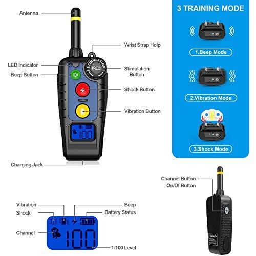 [Newest 2019] Dog Training Collar with Remote | Dog Shock Collar Rechargeable | Electronic Bark Collar 3 Training Modes | Long Range 2000FT & IPX7 Waterproof | E-Collar for Small, Medium, Large Dogs