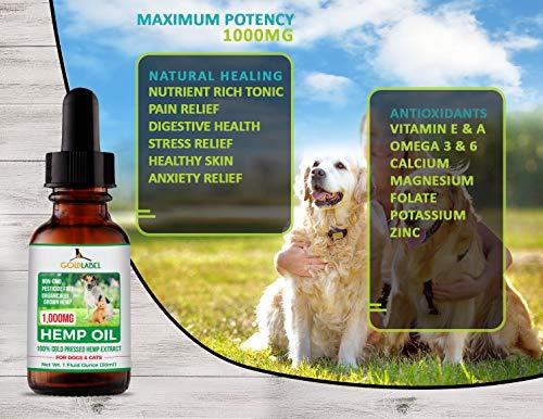 Gold Label Hemp Seed Oil for Dogs and Cats, 1000mg – Anxiety Relief & Joint Health, All Natural Anti-Inflammatory for Pain & Discomfort, Omega 3, 6, 9, Food Grade Supplement | USA Made, 1Fl Oz