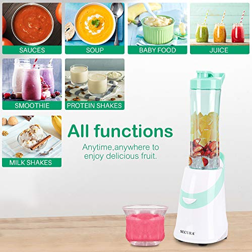 Secura 300W Personal Blender for Shakes and Smoothies | Stainless Blade | 2 (20 oz) Single Serving Bottles with Travel Lids, Green