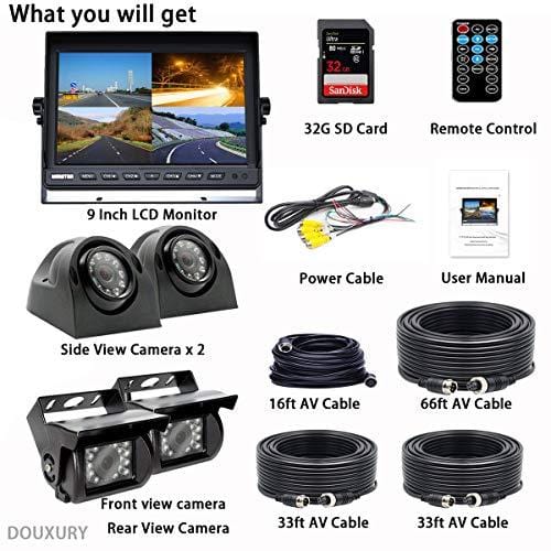Douxury Backup Camera System, 4 Splite Screen 9'' Quad View Display HD Monitor with DVR Recording Function, Waterproof Night Vision Cameras x 4 for Truck Trailer Heavy Box Truck RV Camper Bus
