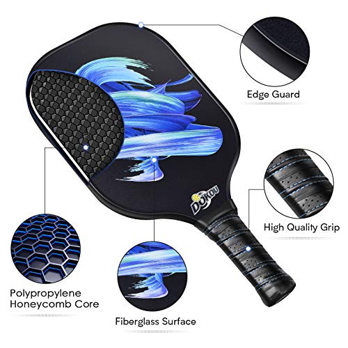 DOKOU Pickleball Paddles, Pickleball Paddle with Fiberglass Face and Polypropylene Honeycomb Core, Pickleball Paddle Set of 2 with 1 Bag and 4 Pickleballs