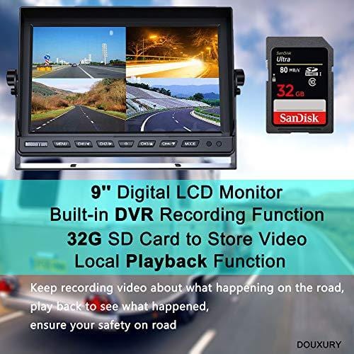 Douxury Backup Camera System, 4 Splite Screen 9'' Quad View Display HD Monitor with DVR Recording Function, Waterproof Night Vision Cameras x 4 for Truck Trailer Heavy Box Truck RV Camper Bus
