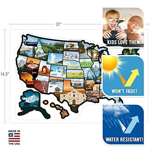 SEE MANY PLACES .com RV State Stickers United States Travel Camper Map RV Decals for Window, Door, or Wall ~ Includes 50 State Decal Stickers with Scenic Illustrations