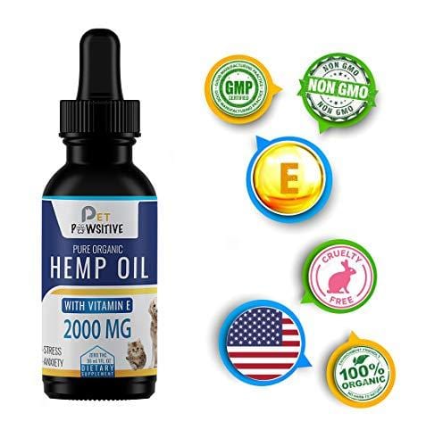 Pet Pawsitive - Hemp Oil Dogs Cats - 2000mg - Separation Anxiety, Joint Pain, Stress Relief, Arthritis, Seizures, Chronic Pains, Anti-Inflammatory - Omega 3, 6, & 9- 100% Organic - Calming Drops