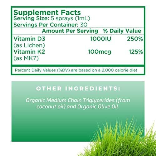Organic Vitamin D3+K2 (MK-7) Liquid Spray by MaryRuth's Non-GMO Vegan Gluten Free Paleo, Ketogenic, Bariatric Friendly and Celiac Friendly. for Men, Women & Children 1oz Glass Bottle