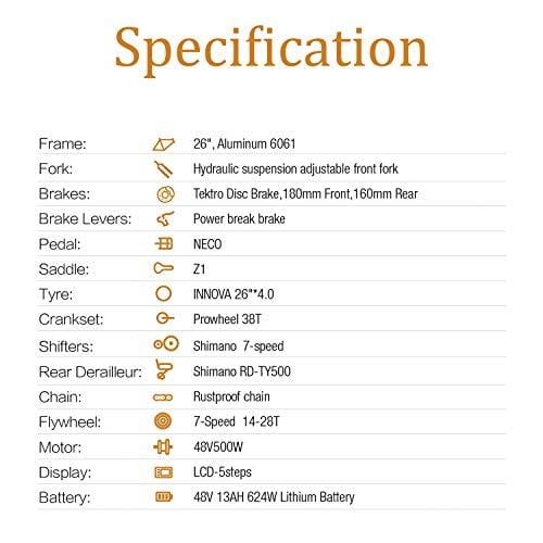 MZZK 500W Electric Mountain Snow Bike with 26 Inch Fat Tires and Removable 48V 13Ah Li-on Battery (Orange)