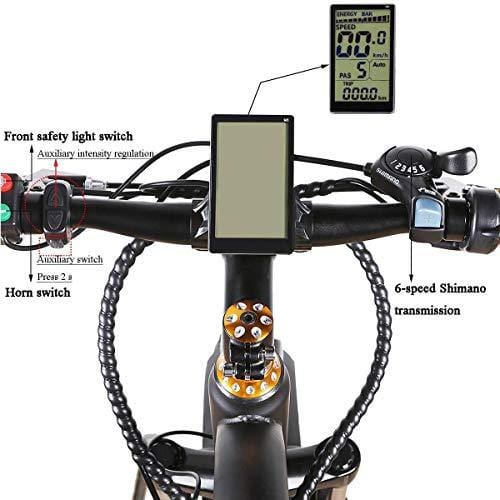 NAKTO 350W Electric Bicycle Mountain E-Bike Shimano 6 Speed Gear with Smart Multi Function LED Anti-Light Digital Dashboard,Removable and Waterproof Builtin 36V 10A Lithium Battery