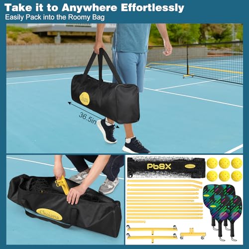 Choiana Pickleball Net Driveway Pickleball Set with Net Wheels Pickle Ball Nets Portable Movable 22ft Regulation Size w/ 4 Paddles Rackets, Durable Metal Pole, Carry Bag for Outdoor Indoor Home