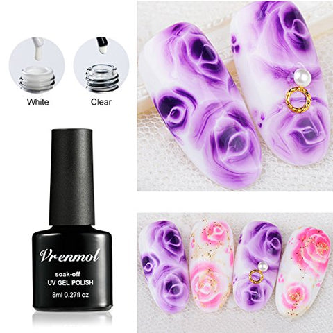 Vrenmol 2 Colors Blossom Gel Polish Soak Off UV LED White Clear Magic Blooming Gel Beautiful Flower Nail Art 0.27 fl.oz.