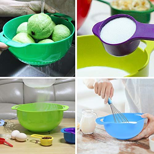 Mixing Bowls Set with 10 Nesting Bowls Stackable Measuring Cups Sieve Strainer Colander for Salad/Cooking/Baking/Food Prep, 11-Piece,Multicolor