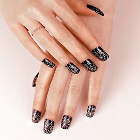 ArtPlus Preglued 24pcs Halloween Gothic Black Silver Spider Web with Crystals False Nails with Upgraded Adhesive Tabs Press on and Glue Full Cover Long Length Fake Nails Art