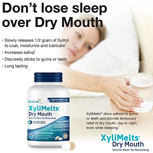 OraCoat XyliMelts Dry Mouth Relief Oral Adhering Discs Slightly Sweet with Xylitol, For Dry Mouth, Stimulates Saliva, Non-Acidic, Day and Night Use, Time Release for up to 8 Hours, 100 Count