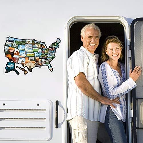 SEE MANY PLACES .com RV State Stickers United States Travel Camper Map RV Decals for Window, Door, or Wall ~ Includes 50 State Decal Stickers with Scenic Illustrations