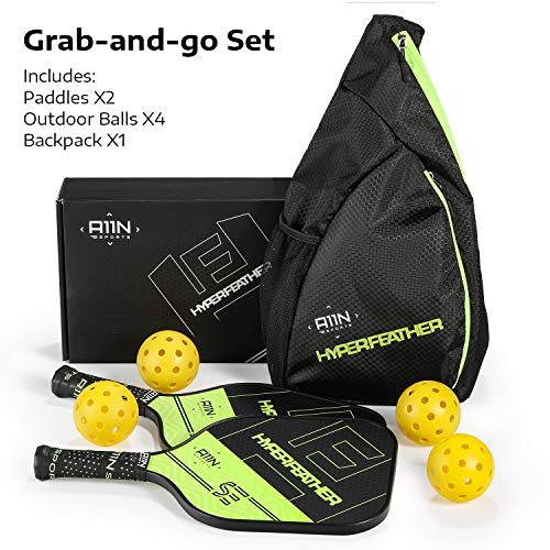 A11N HyperFeather SE Pickleball Paddles Set of 2 - USAPA Approved | 8OZ, Graphite Face & Polymer Core, Cushion Grip | 4 Outdoor Balls and 1 Sling Bag