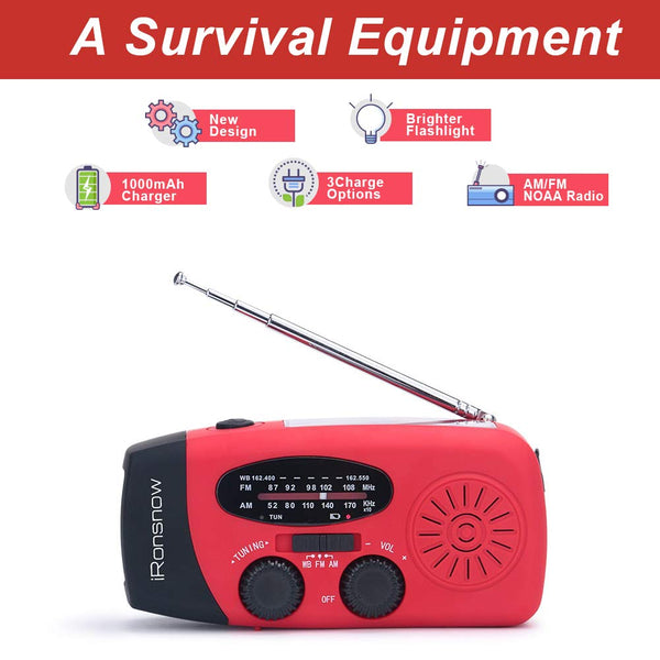 (Classic Creator) iRonsnow Solar Emergency NOAA Weather Radio Dynamo Hand Crank Self Powered AM FM WB Radios 3 LED Flashlight 1000mAh Smart Phone Charger Power Bank(Red)