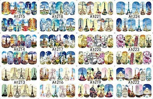 12 sets European cities french eiffel tower Pisa italy NAIL ART DECALS retro trippy psychedelic art water transfer DIY nail stickers POP ART tattoo nail wraps British pop culture nail vinyls NAIL KIT