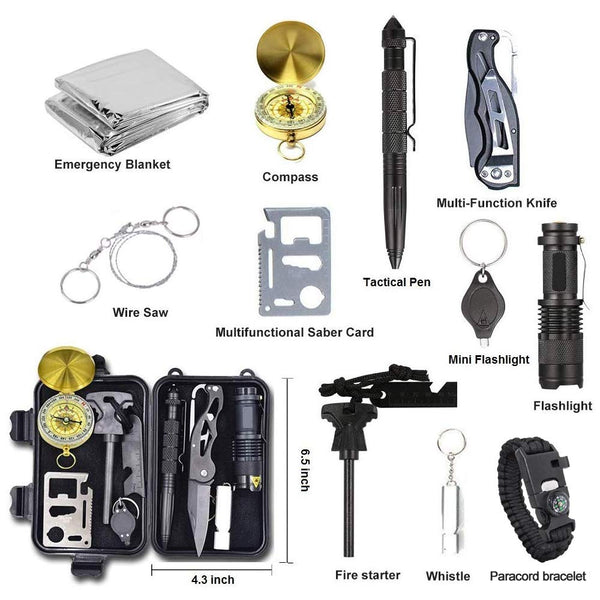 Alritz Emergency Survival Kit, 12 in 1 Outdoor Survival Gear Lifesaving Tools Contains Compass, Fire Starter, Flashlights for Camping Hiking Wilderness Adventures and Disaster Preparedness