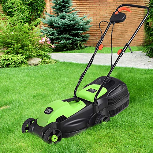 HAPPYGRILL 14-Inch 12 Amp Electric Lawn Mower, Handle Push Corded Lawn Mower with Grass Bag