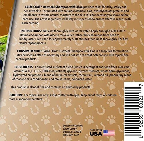 Calm Coat Oatmeal & Aloe Dog Cat & Horse Shampoo - Hypoallergenic & pH Balanced Formula - Mild & Gentle for Itchy Scaling & Sensitive Skin - 16 oz
