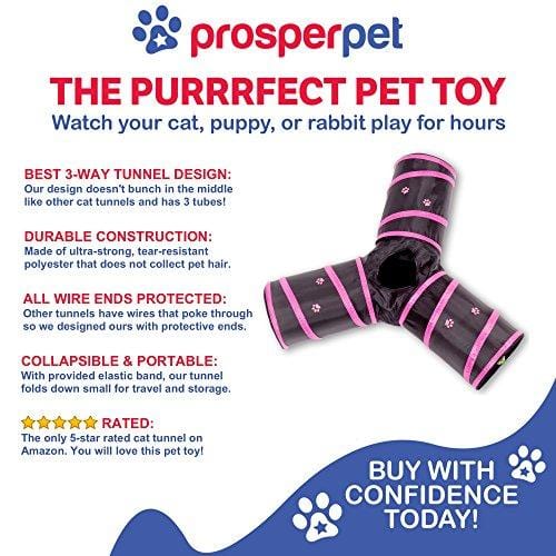 Prosper Pet Cat Tunnel - Collapsible 3 Way Play Toy - Interactive Tube Toys for Rabbits, Kittens, and Dogs - Black/Pink