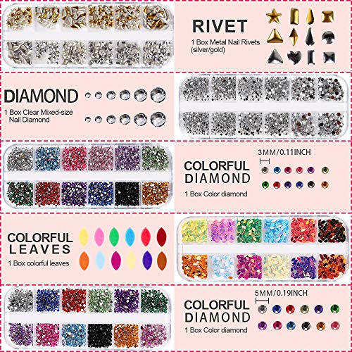 5 box 11440pcs Nails Rhinestones and 36 Pots Foils Flakes, Teenitor professional Nail Decoration with Gems for Nails Stud Foil for Nails Art