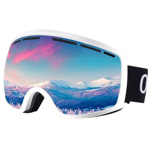 Occffy Ski Goggles Snowboard Sports OTG Goggles, UV Protection Skiing Goggles with Anti Fog for Mens Womens Youth Helmet Compatible HX001 (HX001 White Frame with Silver Lens(VLT11%))