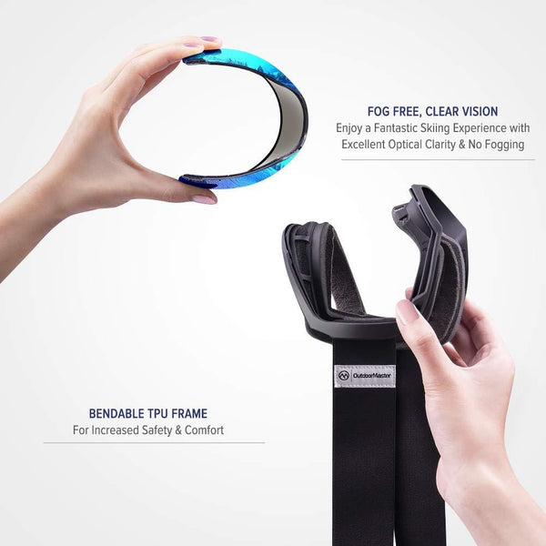 OutdoorMaster OTG Ski Goggles - Over Glasses Ski/Snowboard Goggles for Men, Women & Youth - 100% UV Protection (Black Frame + VLT 15.4% Blue Lens)