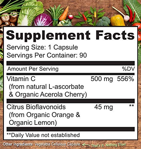 NATURELO Premium Vitamin C with Organic Acerola Cherry and Citrus Bioflavonoids - Whole Food Powder Supplement - Not Synthetic Ascorbic Acid - 500 mg - Non-GMO - Raw Vegan - 90 Capsules
