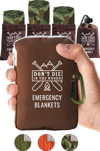 Don't Die In The Woods World's Toughest Emergency Blankets | 4 Pack Extra Large Thermal Mylar Foil Space Blanket for Hiking, Marathon Running, First Aid Kits, Outdoor Survival Gear | Camo