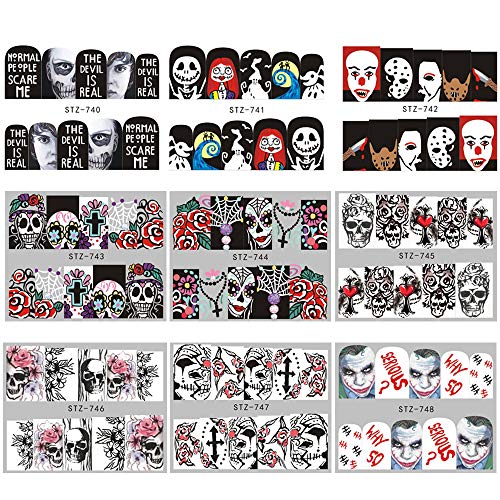 25 Sheets Halloween Nail Stickers - Water Transfer Nail Decals Grimace Skull Eye Spider Nail Art DIY Decals for Halloween Party
